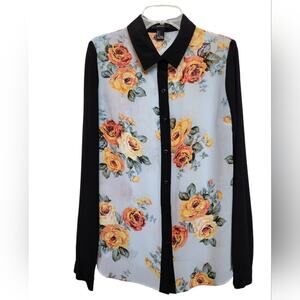 Forever 21 Sheer Black Blue Floral Button Down Shirt, Size Small